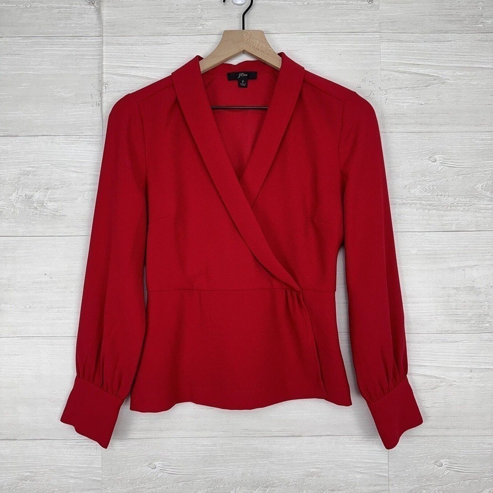 J. Crew Blouse Drapey Top Red Crepe Faux Wrap Size 2 Cinched Waist Shawl‎ Collar
